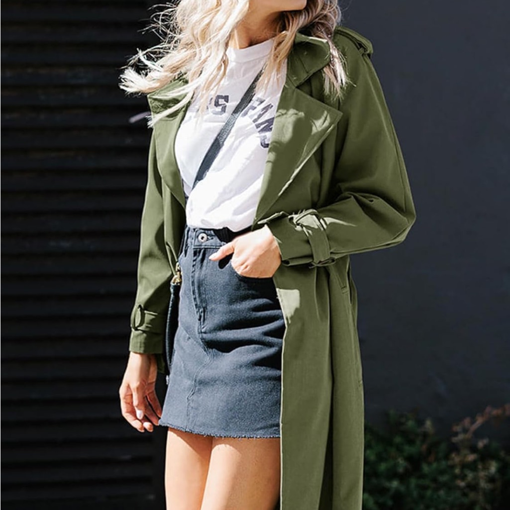 Women's Double Breasted Long Trench Coat Windproof Classic Lapel Slim Overcoat W